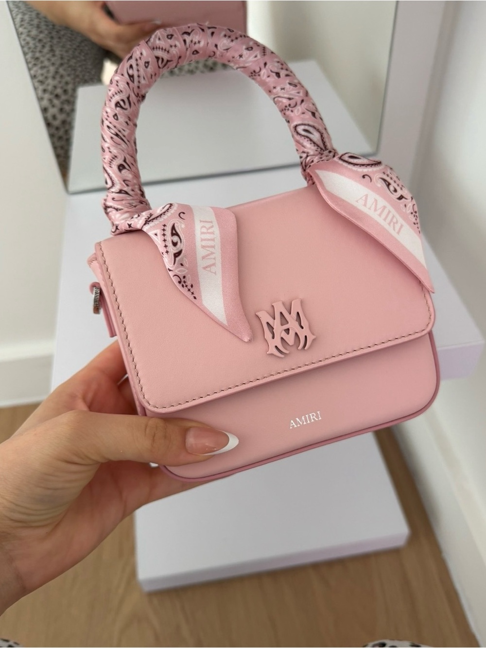 AMIRI Pink Leather Mini Top-Handle Bag with Bandana-Wrapped Handle